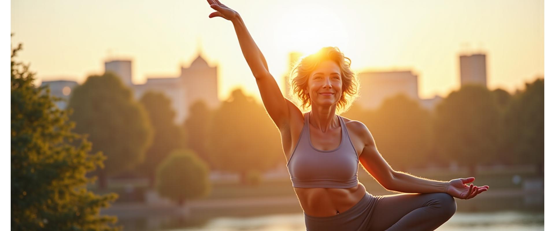 Lachende, vitale Frau in ihren späten 40ern beim Yoga im Freien, symbolisiert Energie und Wohlbefinden