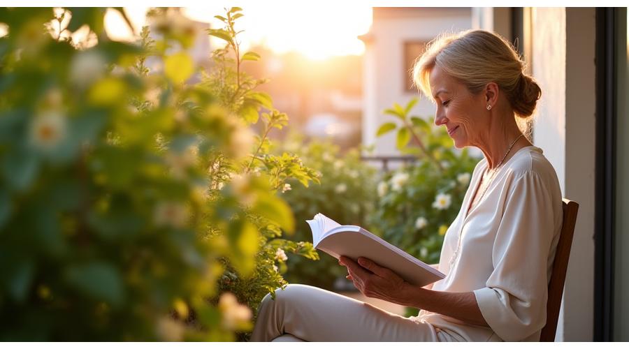 Frau liest ein Buch auf einem Balkon, umgeben von Pflanzen und Sonnenlicht, symbolisierend Ruhe und Anti-Aging-Ernährung.