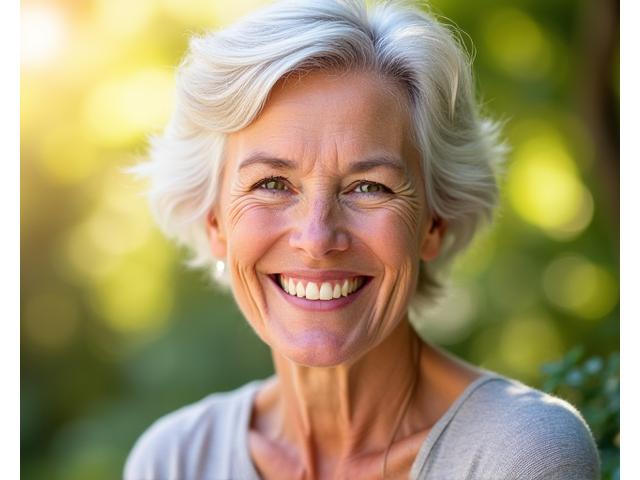 Ein strahlendes Gesicht einer reifen Frau, symbolisierend Anti-Aging und Prävention mit einem gesunden Lebensstil.