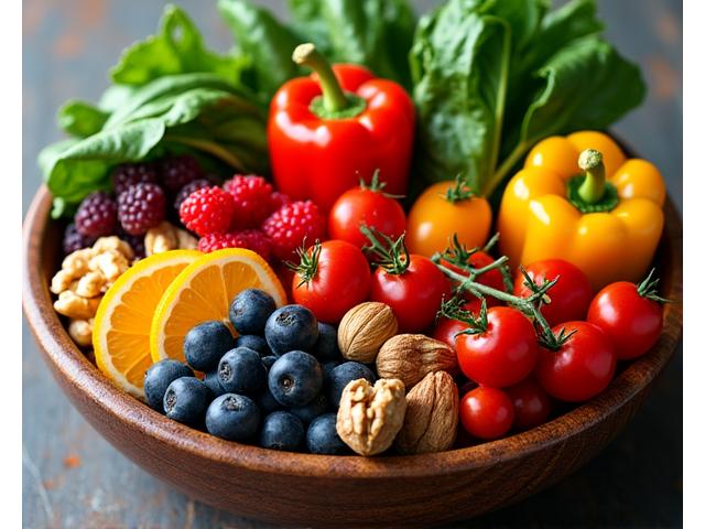 Frische, farbenfrohe Lebensmittel wie Gemüse, Obst und Nüsse in einer Schale, die gesunde Ernährung und Supplements symbolisieren.