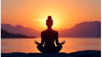 Eine Person meditiert im Freien bei Sonnenuntergang, Hände in Mudra-Position.