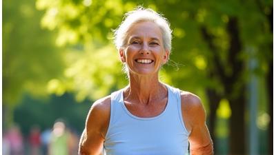Eine Seniorin lacht und joggt in einem Park, Hände in der Luft, symbolisierend Lebensfreude und Bewegung im Alter.