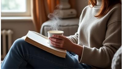 Ein Mann trinkt entspannt Kräutertee auf einem Sofa, mit einem Buch in der Hand, umgeben von gemütlichem Licht.