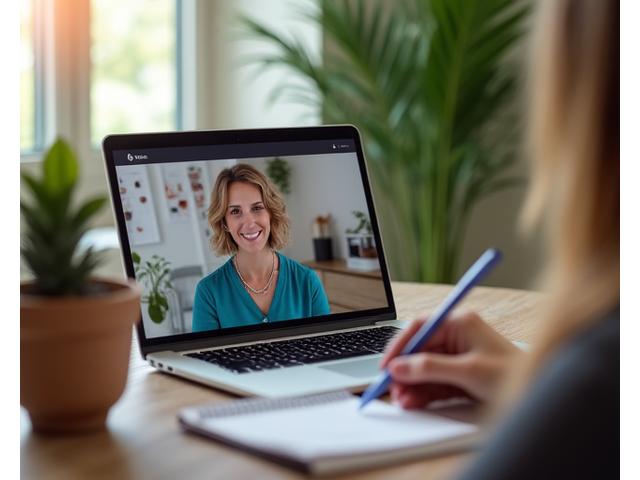 Frau am Laptop während eines Videocalls für Wellness-Beratung