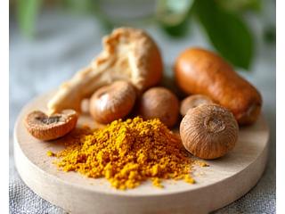 Assortiment von Adaptogenen wie Ashwagandha und Reishi-Pilz