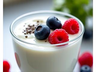 Blick auf eine Schale Joghurt mit Beeren, stellvertretend für Probiotika