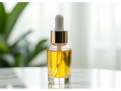 Ein luxuriöses Anti-Aging Serum-Fläschchen, elegant auf einem Marmortisch mit sanfter Beleuchtung und botanischen Elementen.