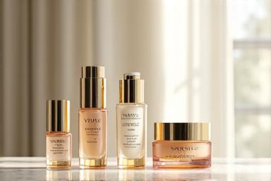 Elegant, minimalist display of high-end anti-aging serums and skincare products in a spa-like setting.