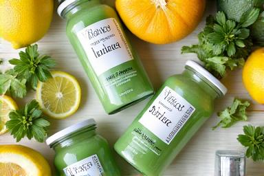 Refreshingly displayed detox green juices and natural cleansing supplements with fresh fruits and herbs.
