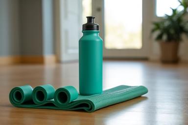Modern home gym equipment, including smart resistance bands and a yoga mat, arranged neatly in a bright room.