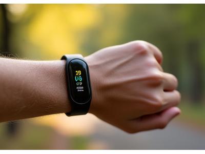 Ein stilvoller Smart Fitness Tracker am Handgelenk einer aktiven Person während eines morgendlichen Laufs.