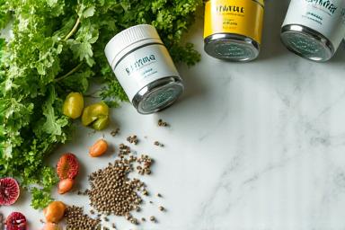 Vibrant health food and nutritional supplements displayed on a minimalist kitchen counter.