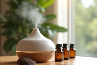 Aromatic diffusers, essential oils, and a meditation cushion on a wooden table, evoking relaxation and calm.