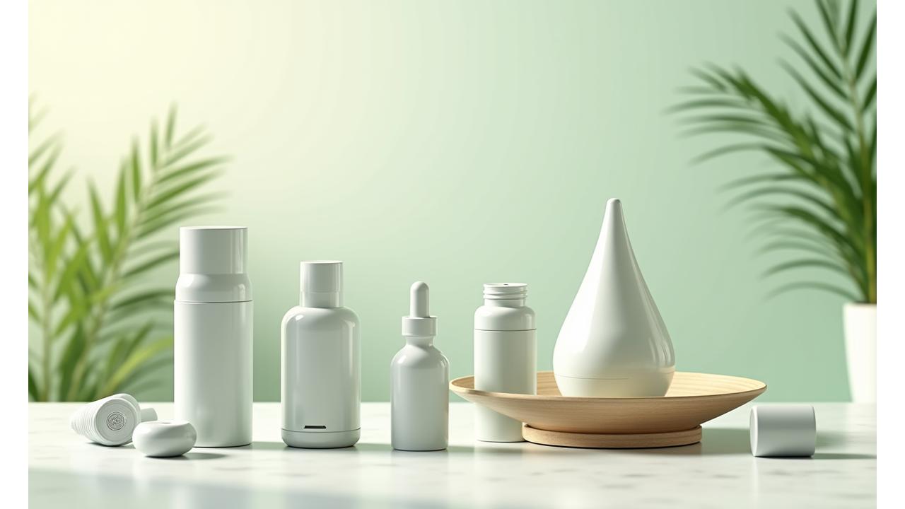 Sortiment von Premium-Wellness-Produkten wie Supplements und Fitnessgeräten, elegant arrangiert in einem hellen, sauberen Laborumfeld.