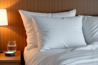 Luxurious, comfortable bed with a sleep tracker device on the nightstand, indicating peaceful sleep and recovery.
