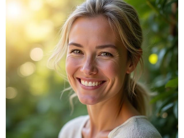 Eine lächelnde Frau mittleren Alters, die strahlend und vital aussieht, umgeben von sanften grünen Blättern und warmem Licht, symbolisierend Gesundheit und Balance.