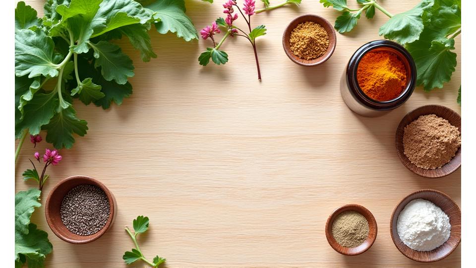 Eine Auswahl natürlicher Nahrungsergänzungsmittel und Kräuter wie Ashwagandha-Wurzeln, Leinsamen, frisches Gemüse und Superfoods auf einem hellen Holztisch, unterstrichen von sanftem, natürlichem Licht.